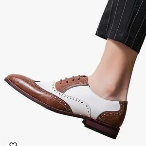 Men's Flat Leather Tip-block Color-block Brogue Breathable Ties Dress Shoes